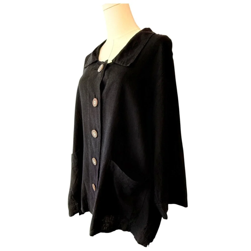 Habitat Womens Jacket Black Hemp Organic Cotton Button‎ Down  Lagenlook  XL